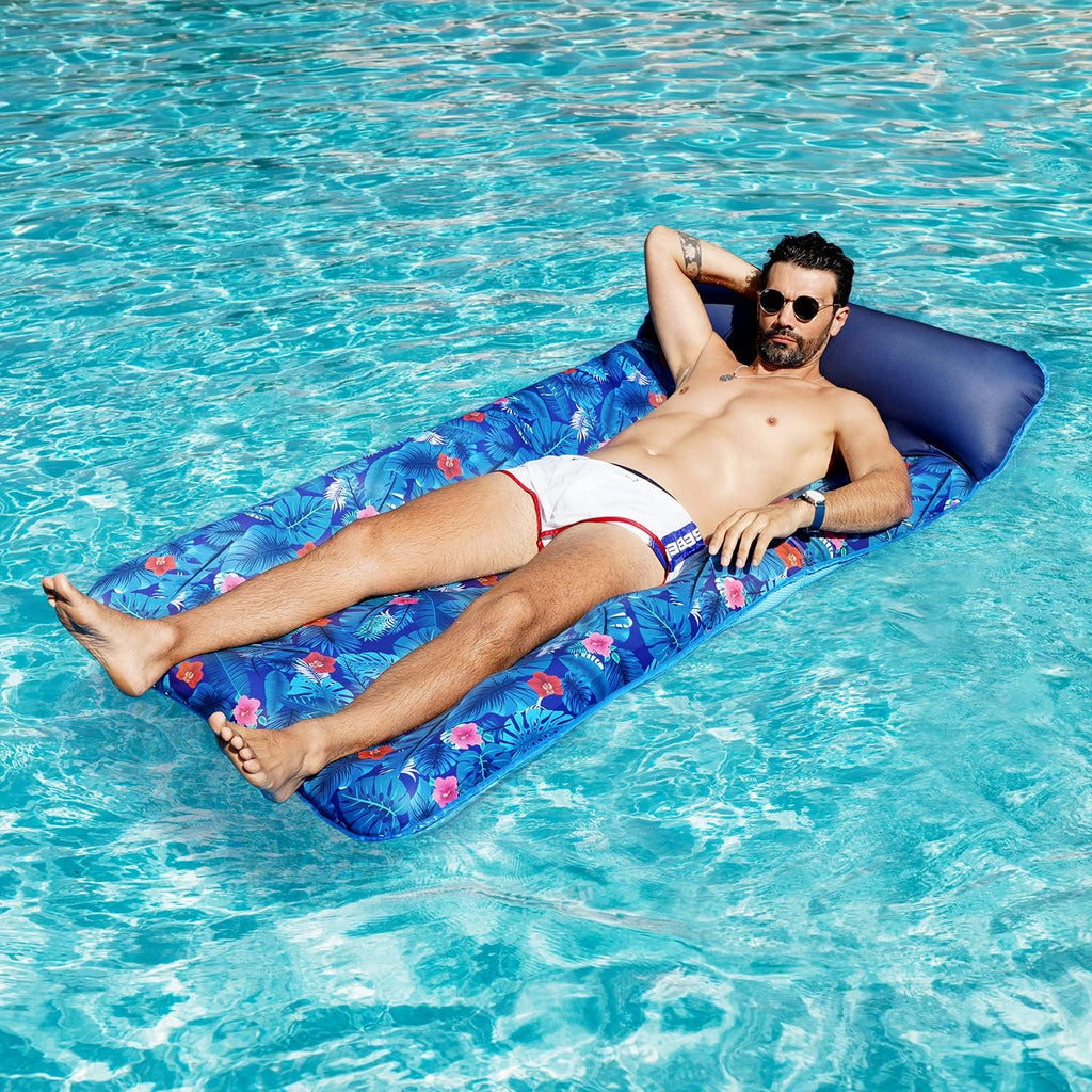 Oversized Pool Float Lounge, 72" X 37" Extra Large Fabric-Covered Pool Floats for Adults, Inflatable Contour Lounger
