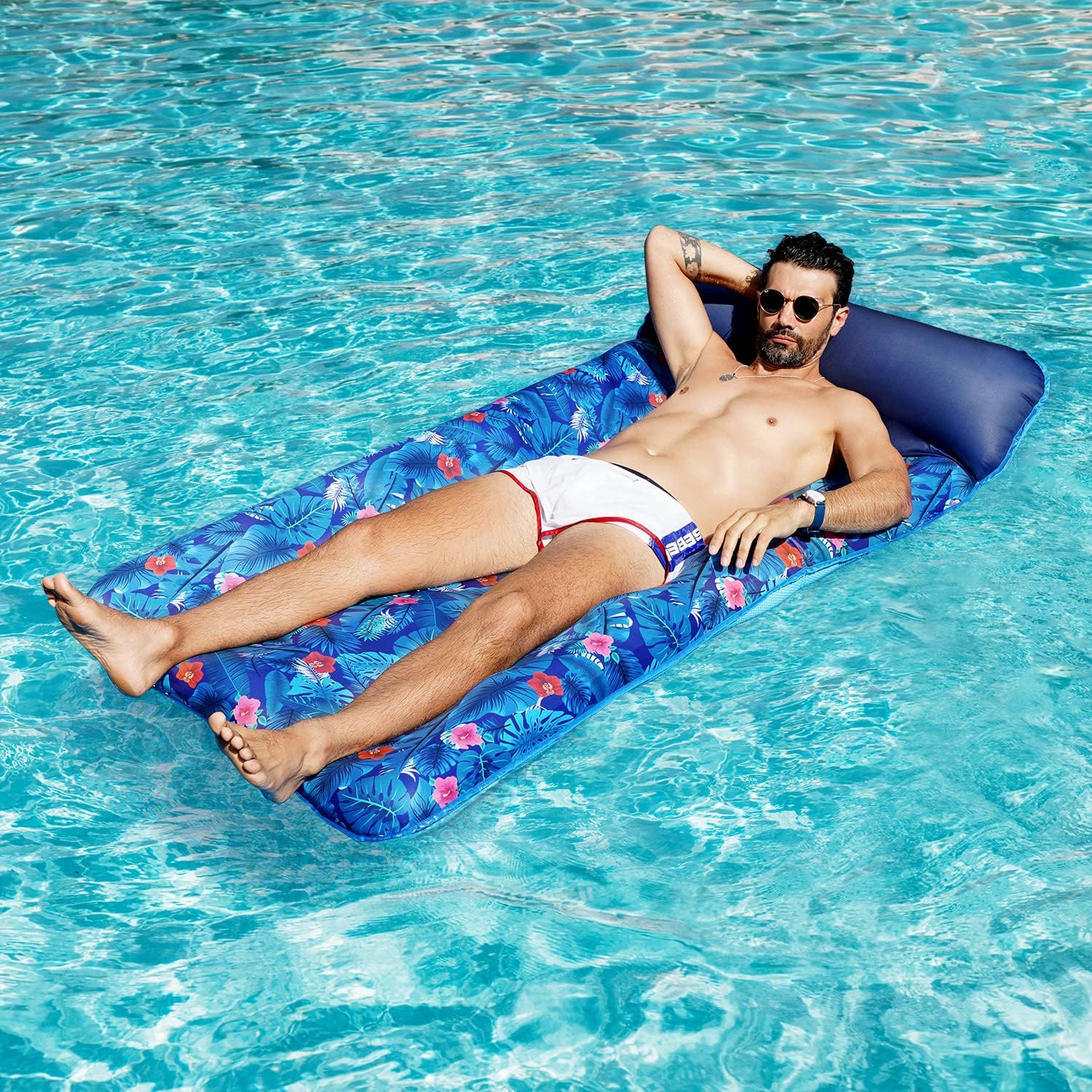 Oversized Pool Float Lounge, 72" X 37" Extra Large Fabric-Covered Pool Floats for Adults, Inflatable Contour Lounger