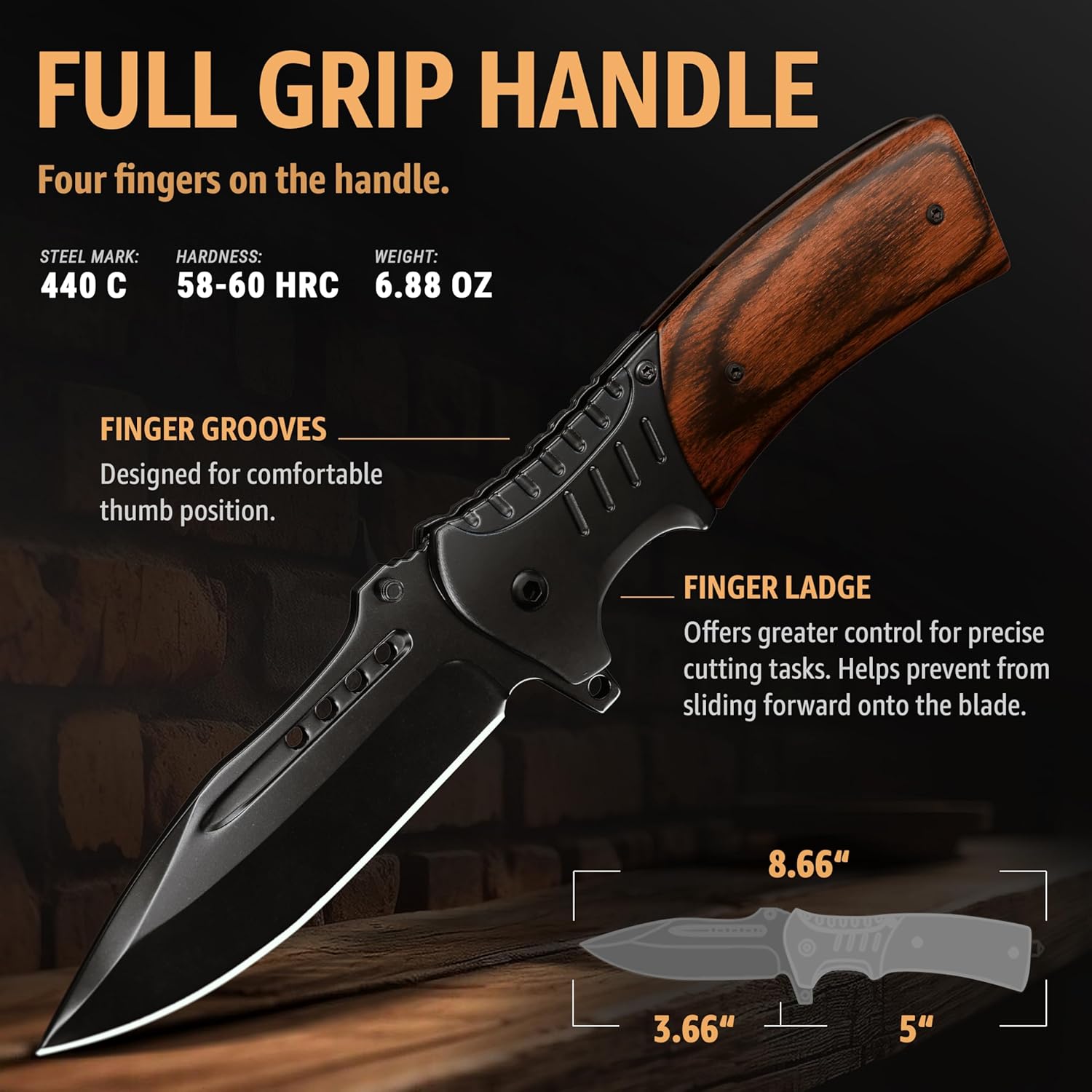 Spring Assisted Pocket Knife with Wood Handle & Glass Breaker & Pocket Clip - 3.66" Sharp Blade - Tactical Folding