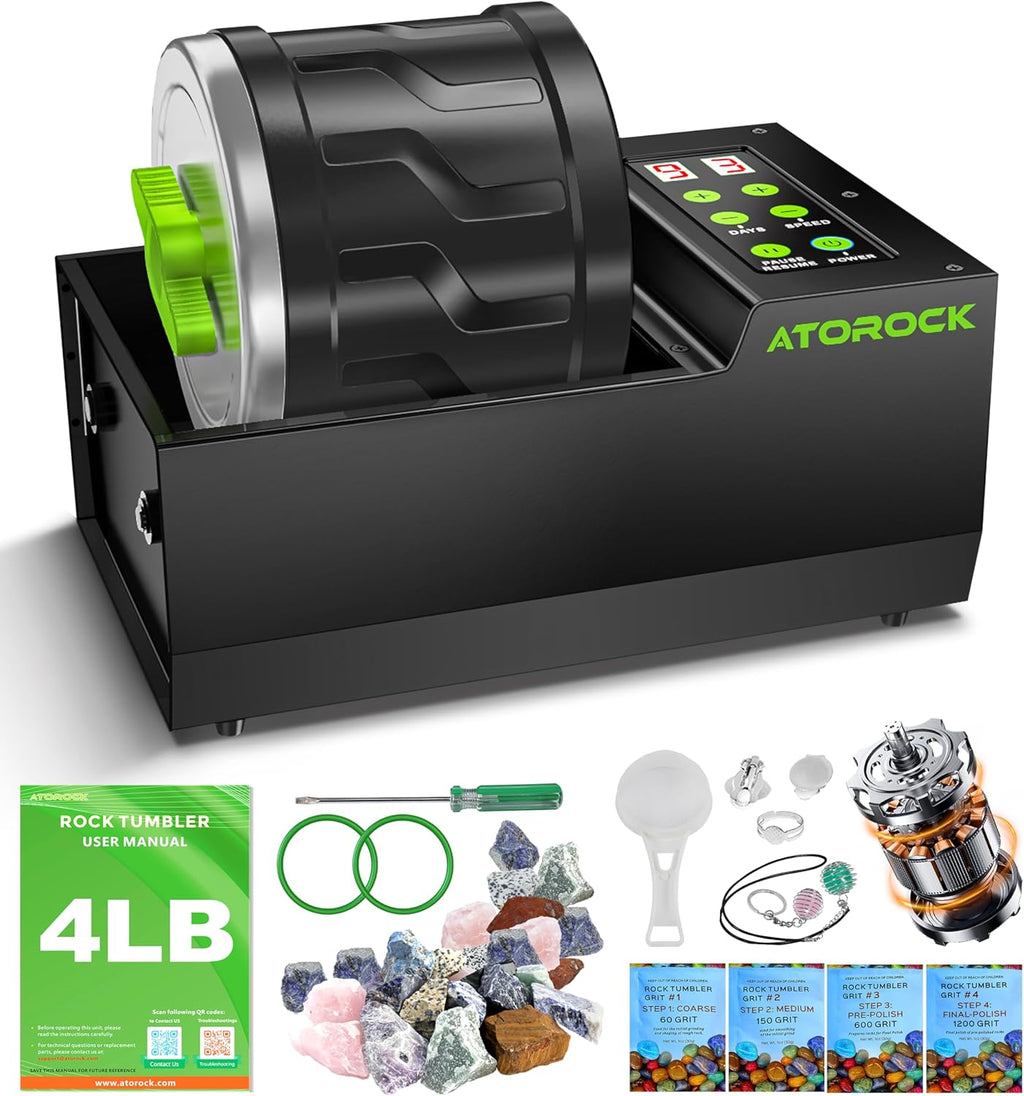 A1 Professional Rock Tumbler Kit, 4LB Extra-Large Barrel with Cutting-Edge Brushless Motor, Adjustable Speed & Timer