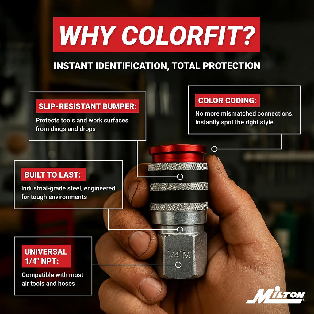 Colorfit by Milton Coupler & Plug Kit (M-Style) with Rubber Bumpers – 1/4" NPT Quick Connect Hose Fittings for Air Tools & Compressors - 3-Piece