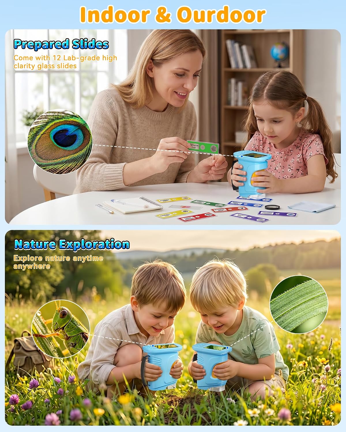 1000X Kids Handheld Microscope, 4K Digital Mini Pocket Digital Microscope with 2.4" IPS Screen, Built-in Camera & 12