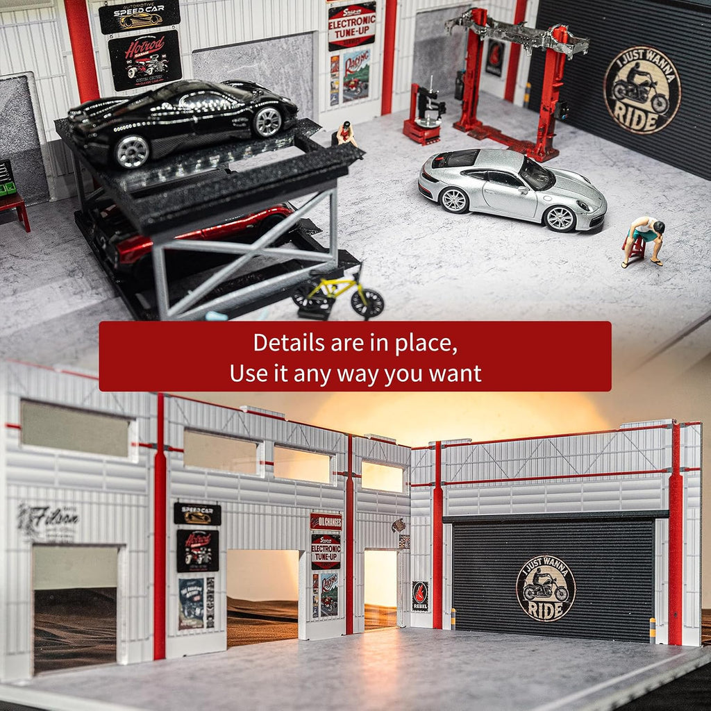 1/64 Scale Model Car Display Case Garage with LED Lights，Diorama Car Garage Parking Lot Compatible with Hot Wheels