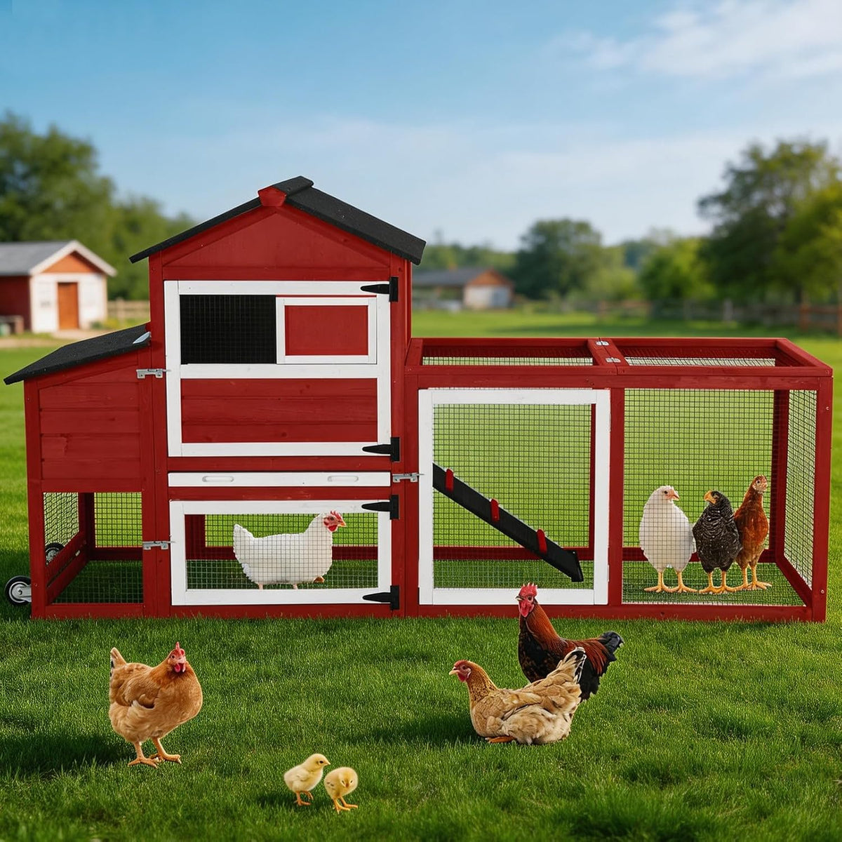 Mobile Chicken Tractor with 2 Nesting Boxes, 81" Large Wooden Chicken Coop for 2-4 Chickens, Predator Proof Poultry