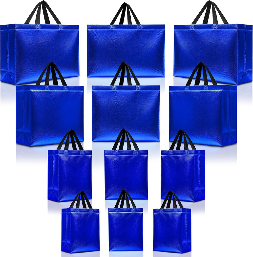 12 Reusable Blue Gift Bags with Handles, 4 Assorted Sizes