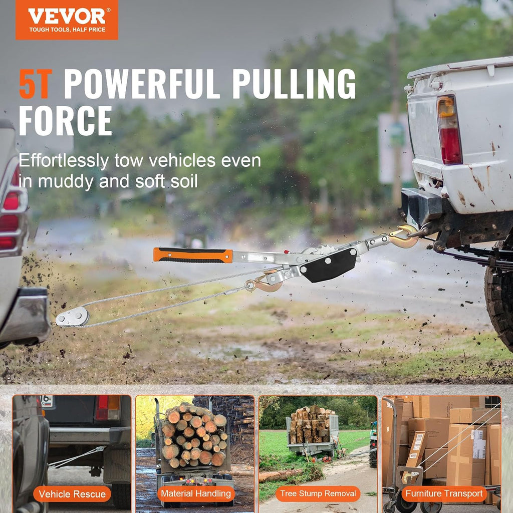Come Along Winch, 5 Ton (11,023 lbs) Pulling Capacity, 11.5 ft Steel Cable, 3 Hooks, Heavy Duty Ratchet Power Puller