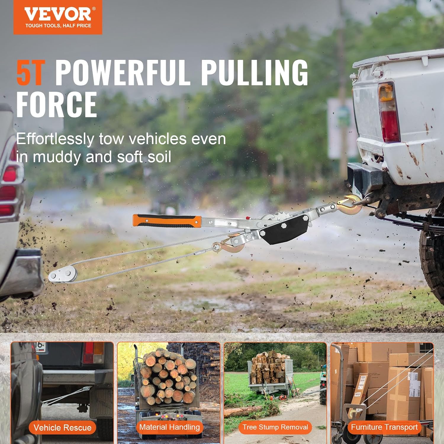 Come Along Winch, 5 Ton (11,023 lbs) Pulling Capacity, 11.5 ft Steel Cable, 3 Hooks, Heavy Duty Ratchet Power Puller
