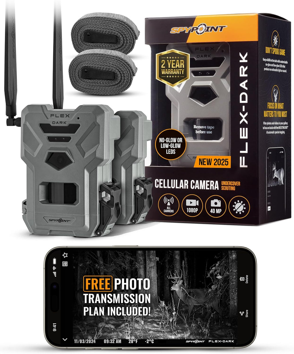 Flex-Dark Twin Pack Cellular Trail Camera, 40MP Photos, 1080p Video + Sound, No-Glow Game Camera, Hunting Night