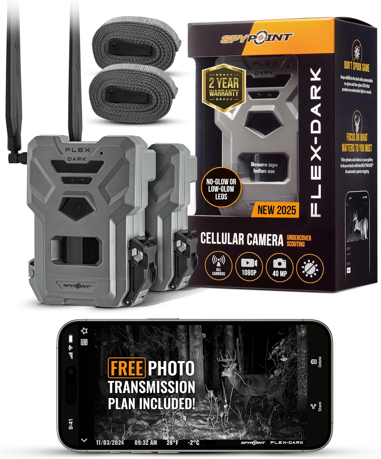 Flex-Dark Twin Pack Cellular Trail Camera, 40MP Photos, 1080p Video + Sound, No-Glow Game Camera, Hunting Night