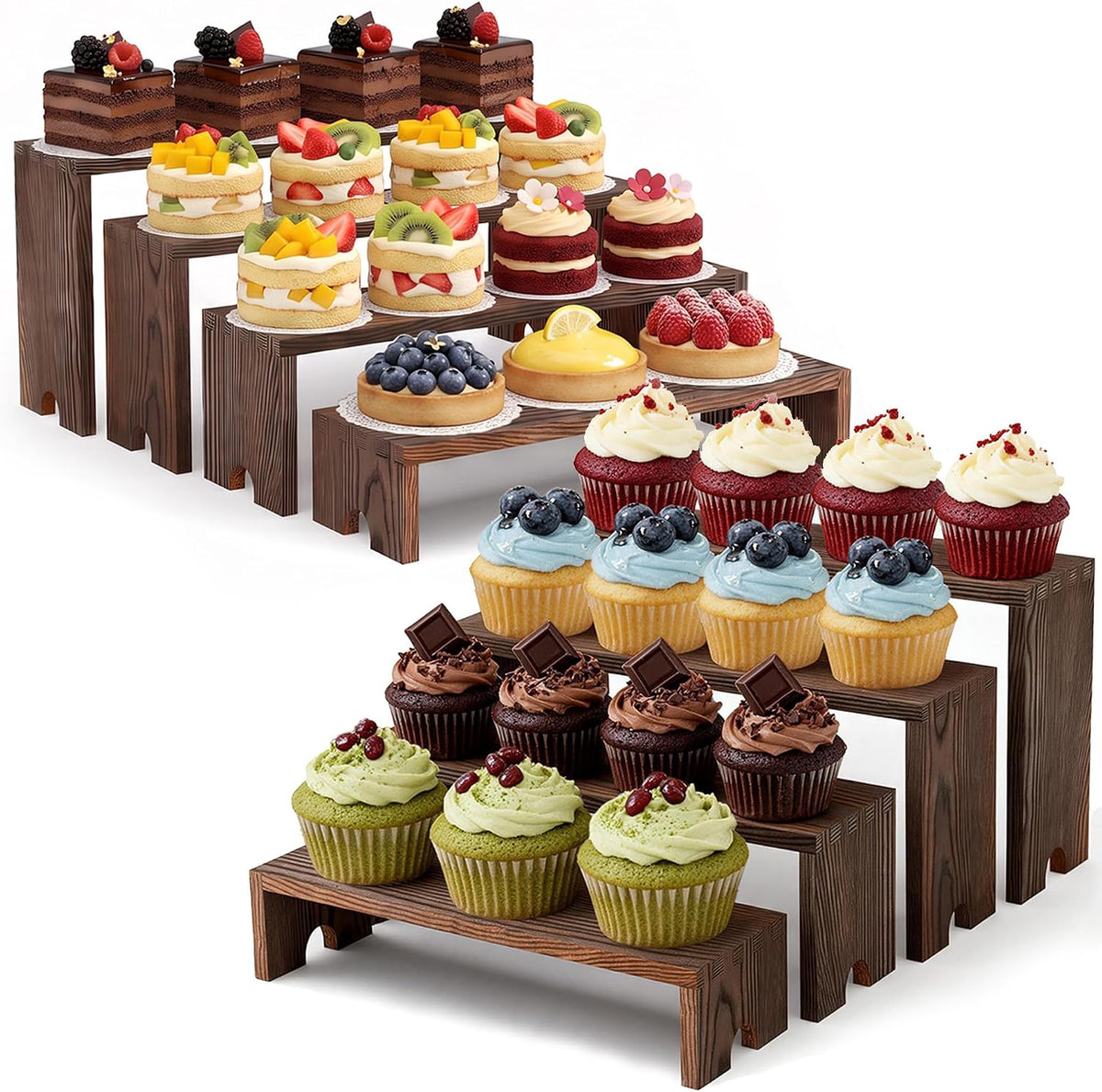 2 Set Wooden Cupcake Stand for Decor, 4 Tiered Display Risers