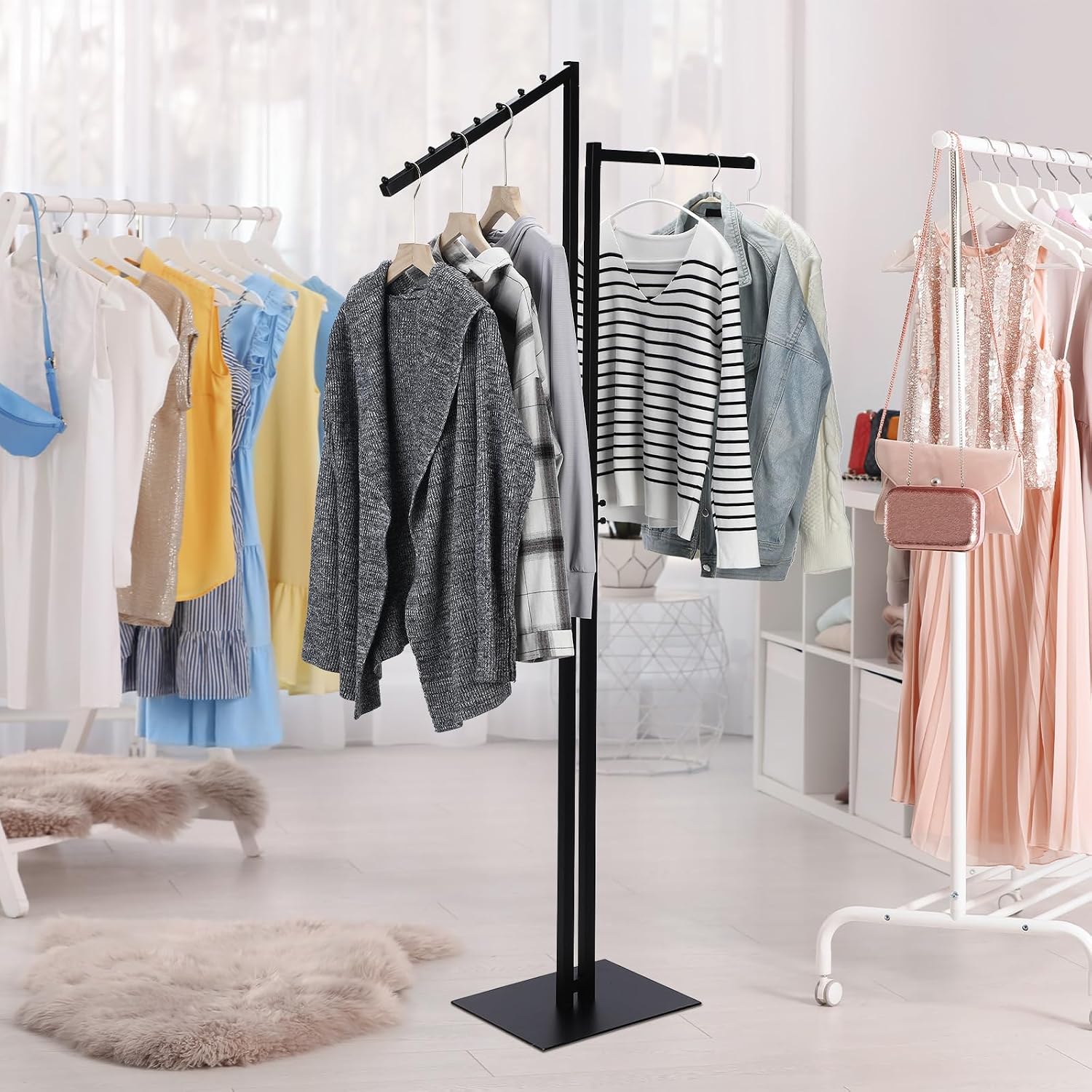 2 Way Clothing Rack with Straight and Slant Arms Heavy Duty Clothes Garment Rack for Retail Restaurants Storage