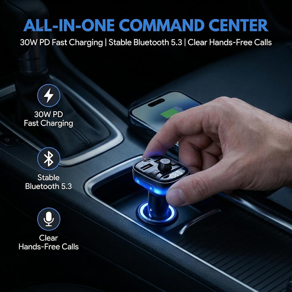 Bluetooth 5.3 Car Adapter Charger, Wireless FM Bluetooth Transmitter | Fast Charge Wireless Radio FM Transmitter with