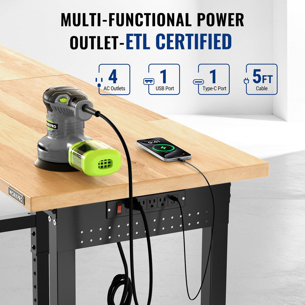96" Adjustable Workbench, Power Outlet & Pegboard, 4000LBS Capacity