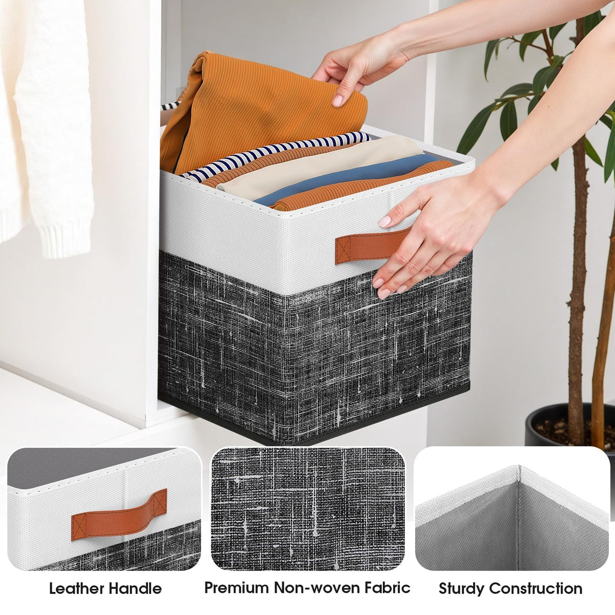 Collapsible Storage Baskets for Shelves,14"x10", 6 Pack Foldable Fabric Storage Bins with Double Leather Handles