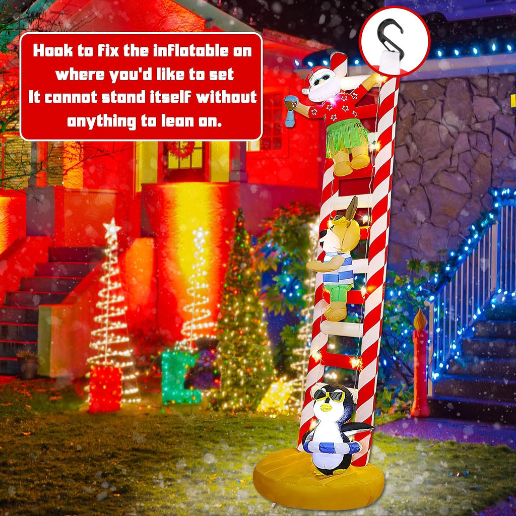 10FT Christmas Inflatable, Hawaii Beach Themed Giant Ladder | Lighted Blowups, Climbed with Penguin, Reindeer, Santa