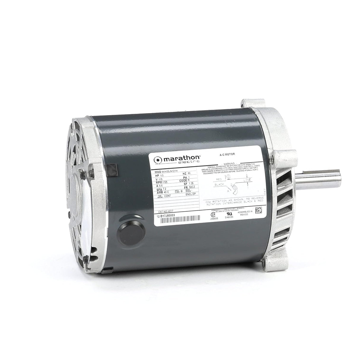 Marathon H217 56CZ Frame Exhaust Ventilator Motor, Single Split Phase, C-Face, Open Drip Proof, Ball Bearing, 6.6 amp, 1/3 hp, 1725 RPM, 115V