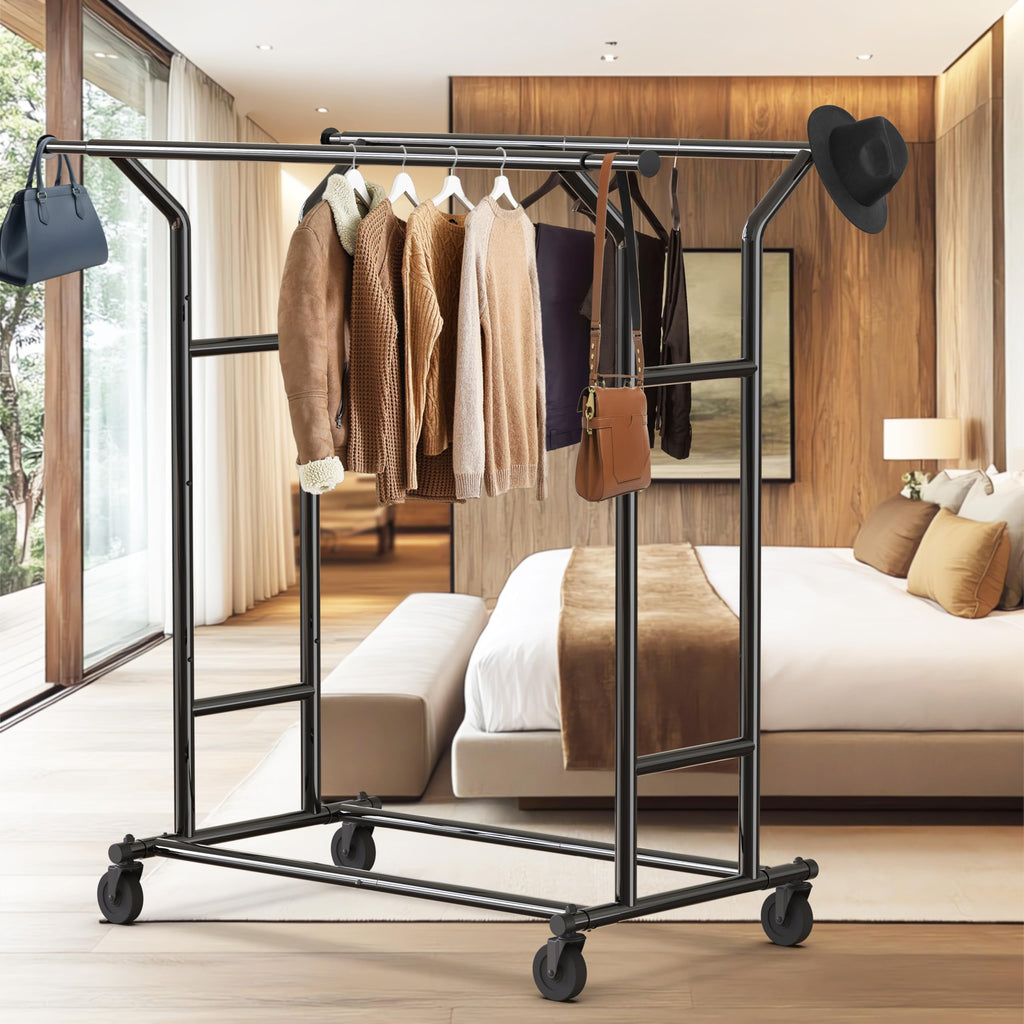 Heavy Duty Double Rail Clothing Garment Rack, Black