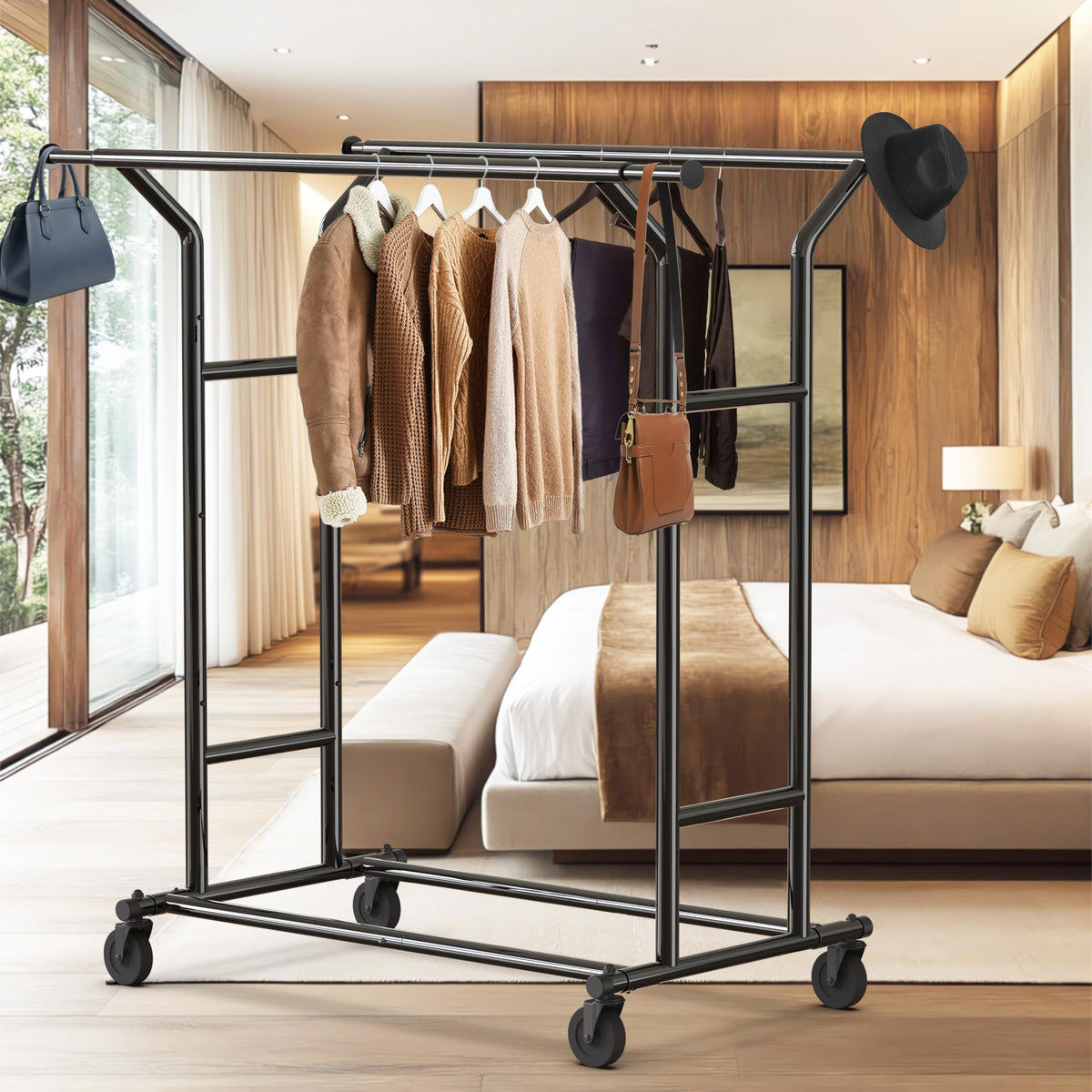 Heavy Duty Double Rail Clothing Garment Rack, Black