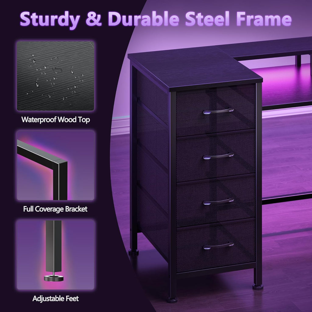 47 Inch Gaming Desk with Power Outlets and LED Lights, Reversible Computer Desk with 5 Fabric Storage Drawers, Home