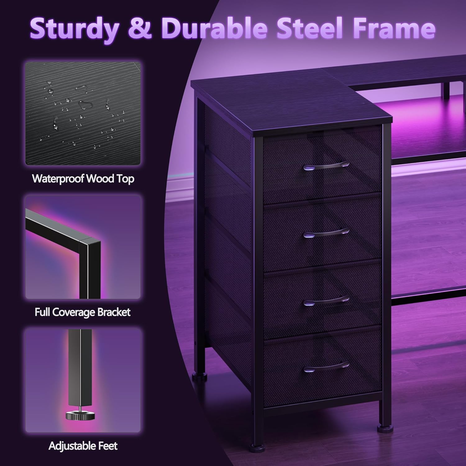 47 Inch Gaming Desk with Power Outlets and LED Lights, Reversible Computer Desk with 5 Fabric Storage Drawers, Home