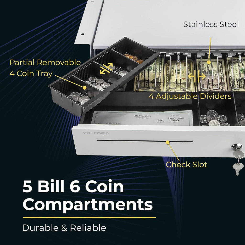 Cash Register Drawer with Under Counter Mounting Bracket - 16" White Drawer for POS, 5 Bill 6 Coin Cash Tray