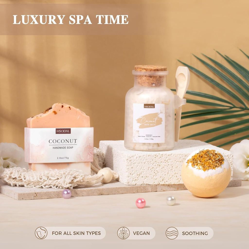 Gifts for Women Bath and Body Gift Basket Set for Women, 12 Piece Set of Coconut Home Spa Set for Self Care, Mothers