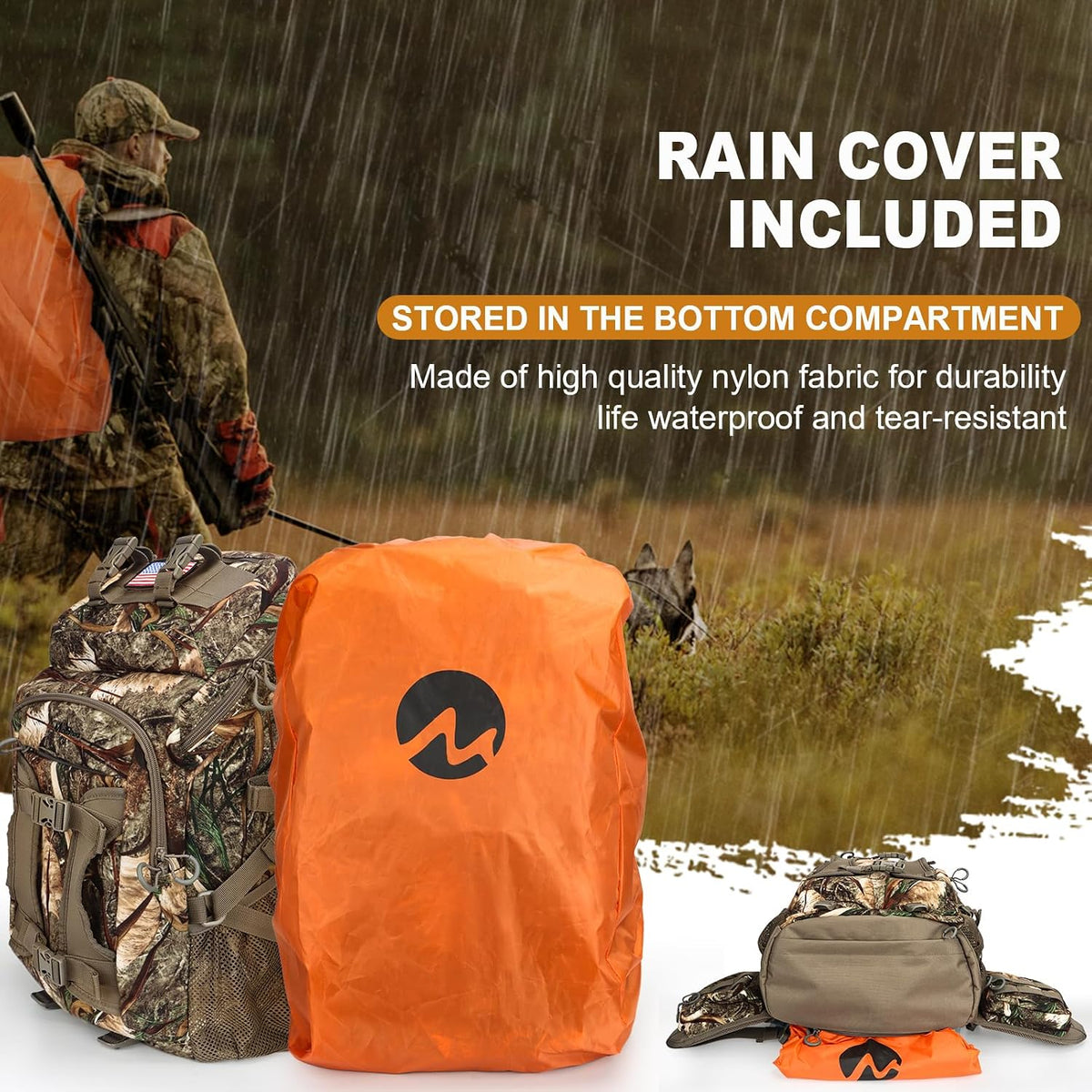 Hunting Backpack, Outdoor Hunting Pack with Rifle Holder, Hunting Backpacks for Men, Hunting Bag with Waterproof Rain