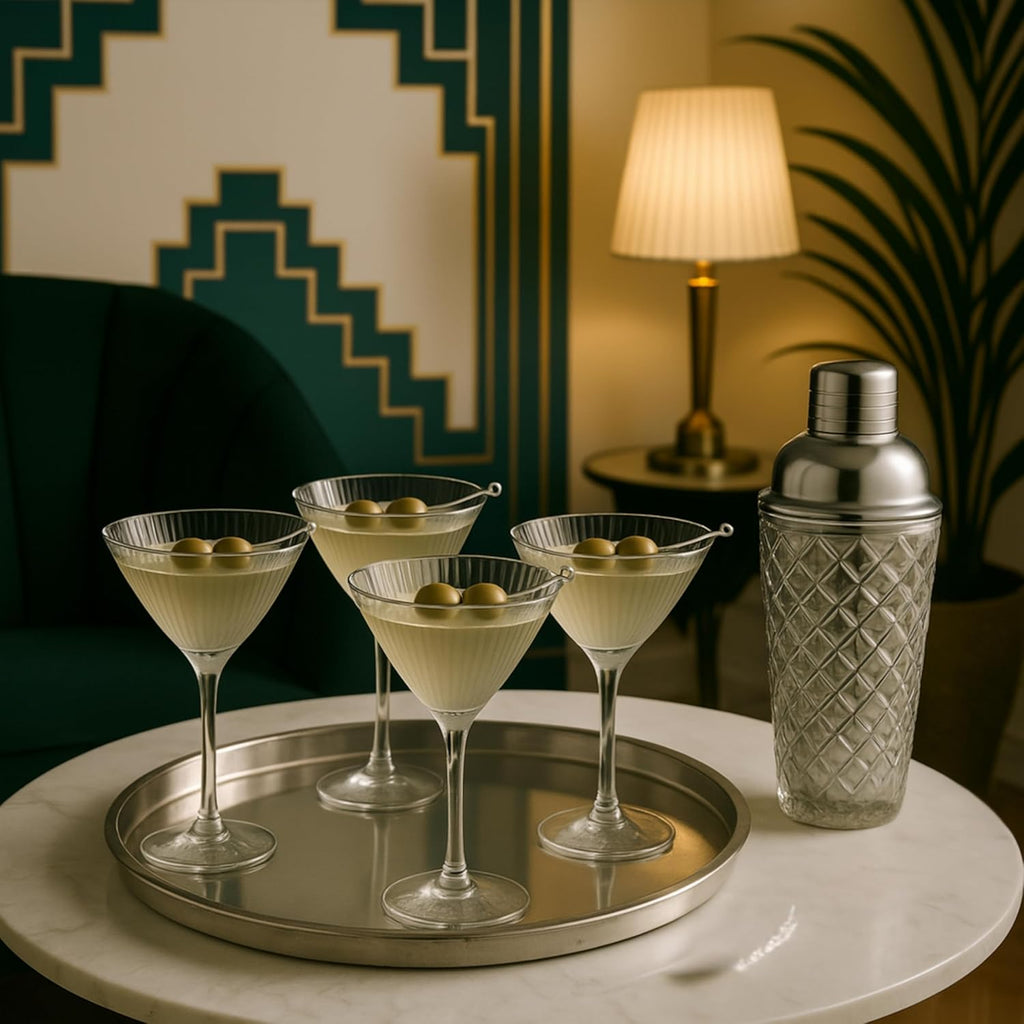 Silver Cocktail Shaker Set + 2 Ribbed Martini Glasses & Bar Tools