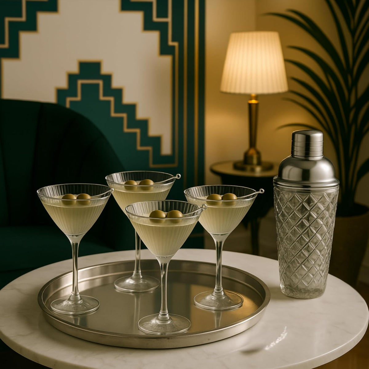 Silver Cocktail Shaker Set + 2 Ribbed Martini Glasses & Bar Tools