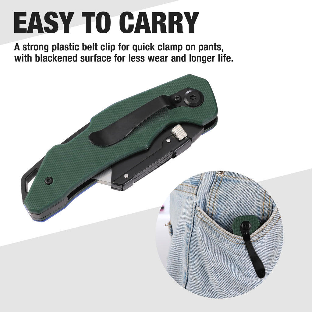 Folding Utility Knife G10 Handle with Stainless Steel Head, Quick-change Blade & Back Lock, Heavy Duty Box Cutter