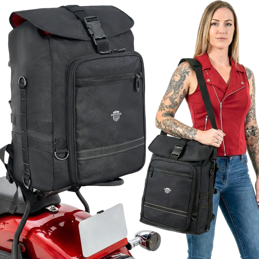 Nomad Motorcycle Sissy Bar Bag Expandable Roll Top Extra Storage Motorbike Tail Bag Converts to Handle & Shoulder