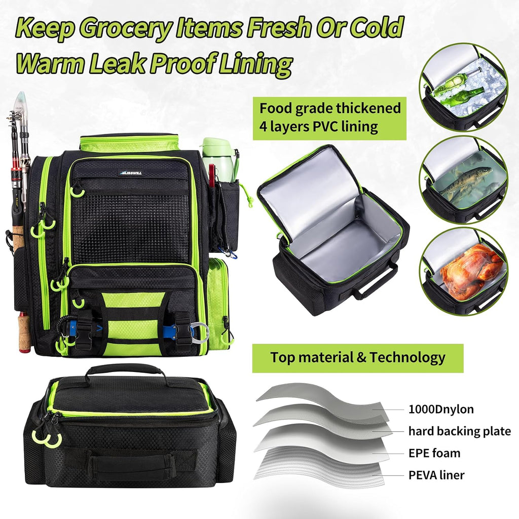 Large Fishing Backpack with Cooler for 3 Tackle Boxes - Fishing Bag with Rod Holders for Camping and Hiking