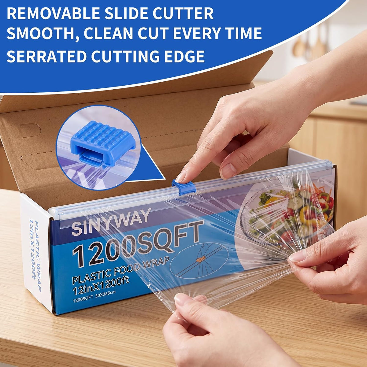 1200 Sq Ft Plastic Wrap with Slide Cutter, Cling Wrap for Kitchen