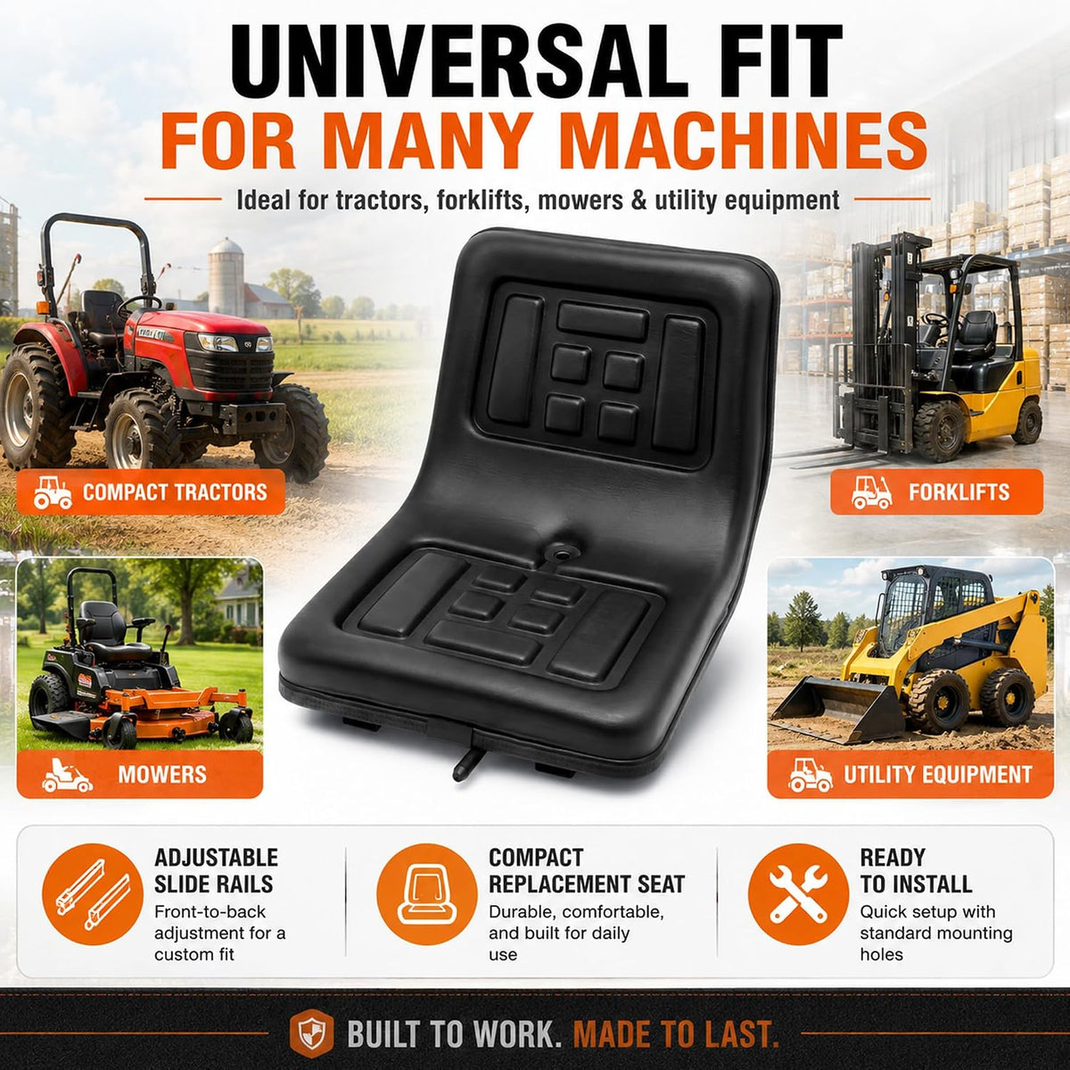 Universal Forklift Tractor Seat Cushion Lawn Mower Seat | Replacement Seats with Drain Groove & Adjustable Slide Rails