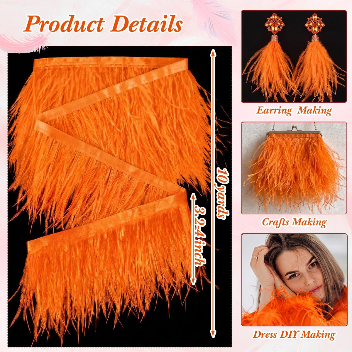 10 Yards Ostrich Feathers Trims 3-4 Inch Feathers Fringe, Orange