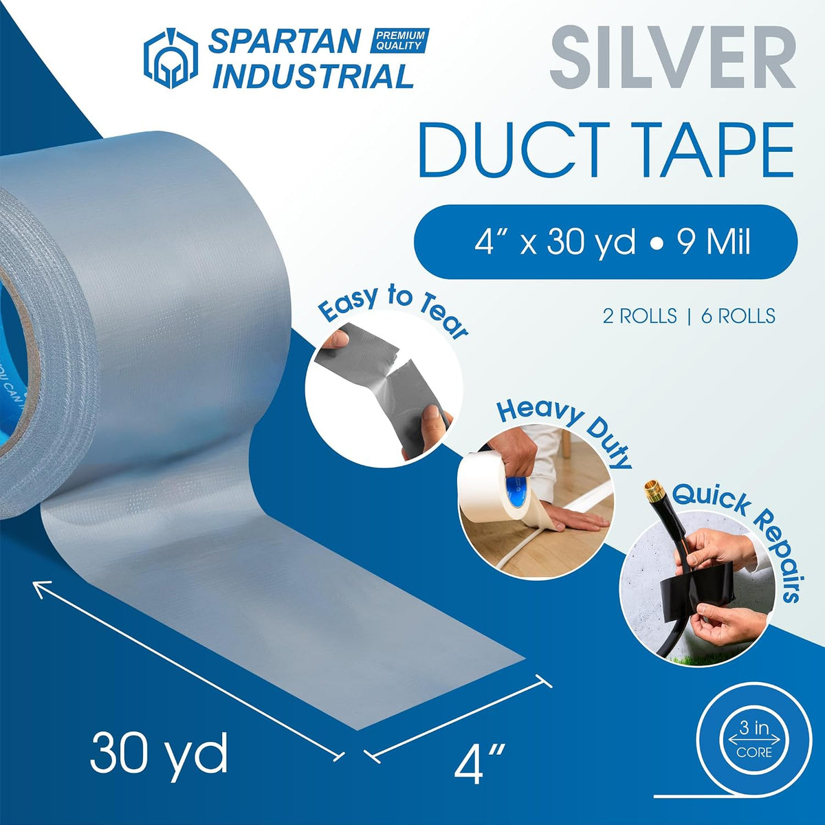 4" X 30 yd Silver Water-Resistant Tape - 6 Wide Duct Tape Rolls