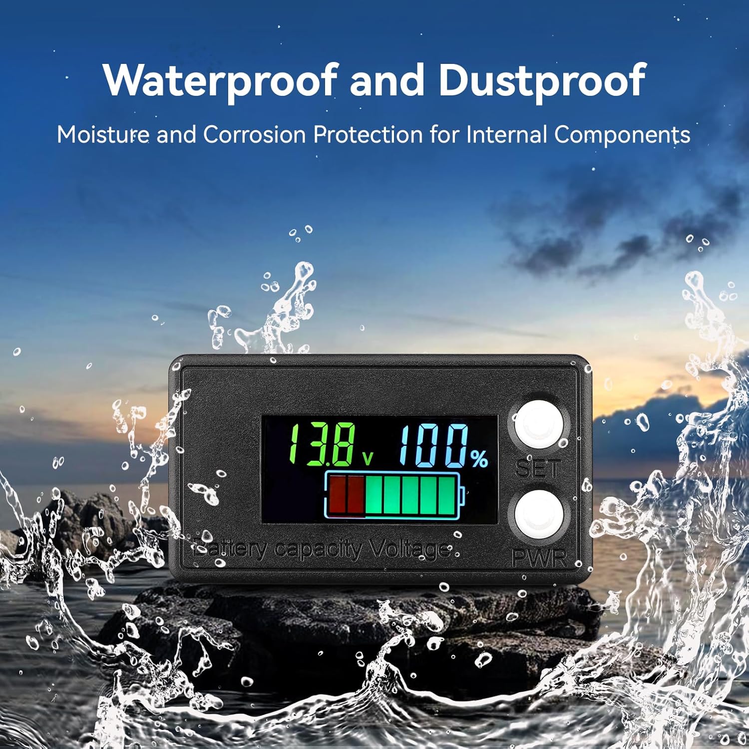Waterproof Battery Monitor 12V 24V 36V 48V 72V Battery Meter 8-100V, Capacity Tester LCD Display Color Screen