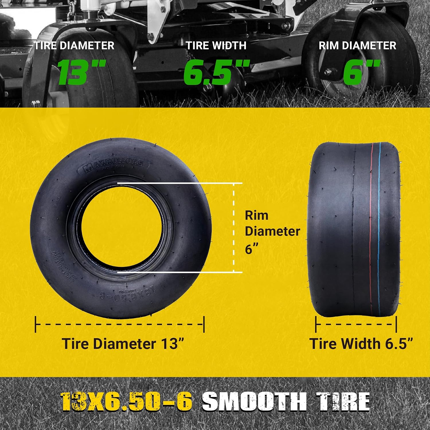 (2 Pack) 13x6.50-6 Lawn Mower Tires Tubeless, Replacement 13x6.5-6 Zero Turn Tires Garden Riding Tractor Lawnmower
