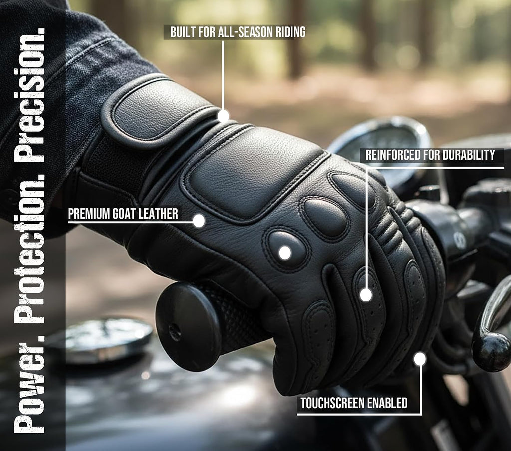 Motorcycle Gloves - Goatskin Leather, Touchscreen, Classic Vintage Design for Men Women, Anti-Slip Protective
