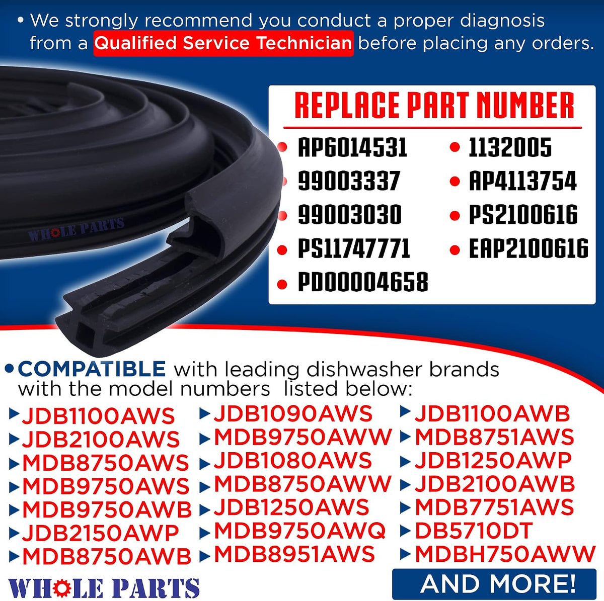 Whole Parts Upgraded Black Dishwasher Door Gasket Part# WP99003337