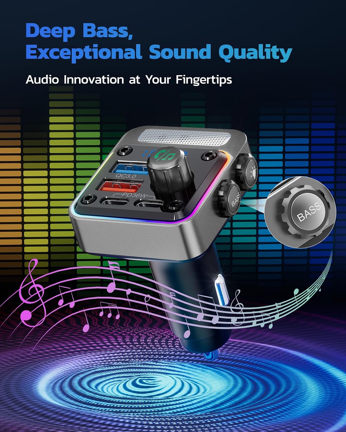 54W Bluetooth 5.3 Car Adapter, FM Transmitter 4-Port Fast Charging | Wireless FM Radio Music Player with Deep Bass, 5