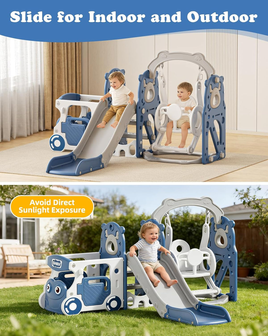 Toddler Slide and Swing Set, Bus Themed Kids Slide with Climber, Indoor Outdoor Playset for Toddlers Age 1-3, Blue