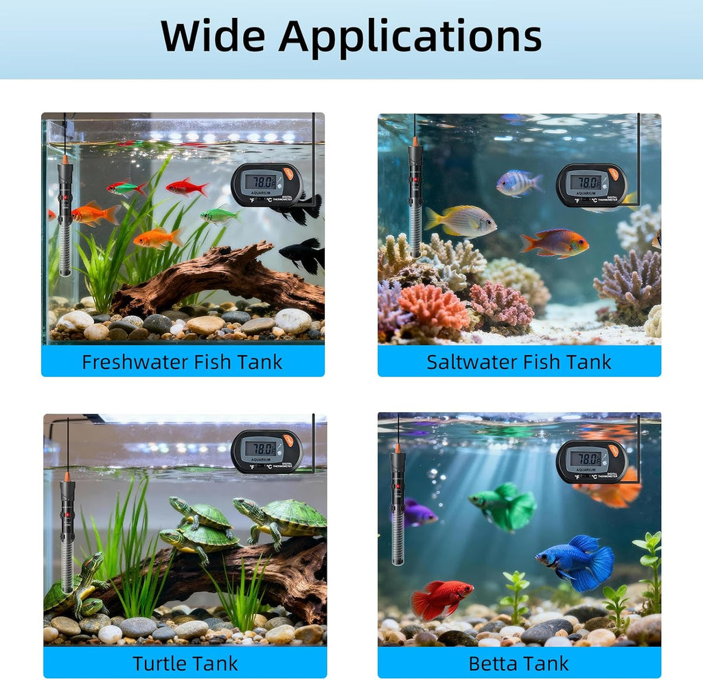 Aquarium Heater 25W/50W/100W/200W/300W, Adjustable Knob Fish Tank Heater with Digital Thermometer, Submersible
