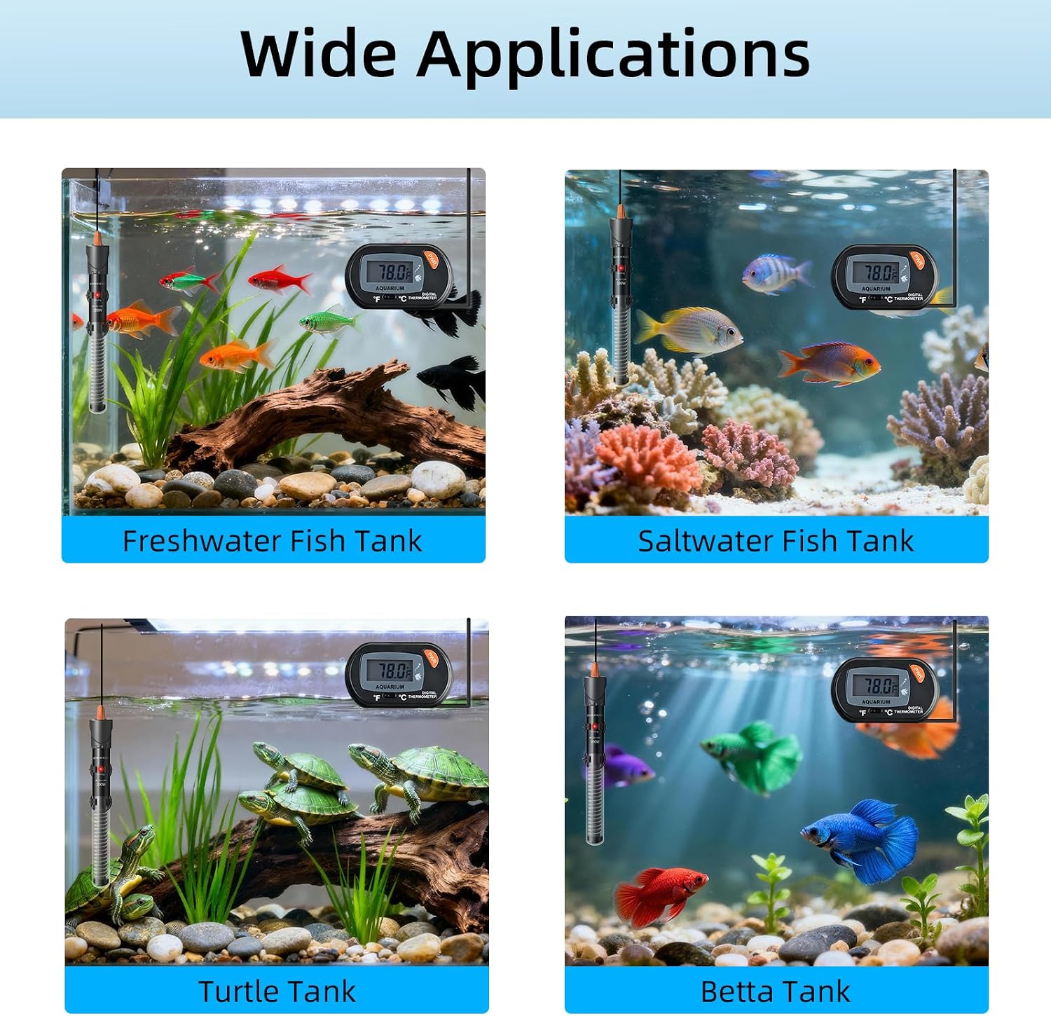 Aquarium Heater 25W/50W/100W/200W/300W, Adjustable Knob Fish Tank Heater with Digital Thermometer, Submersible