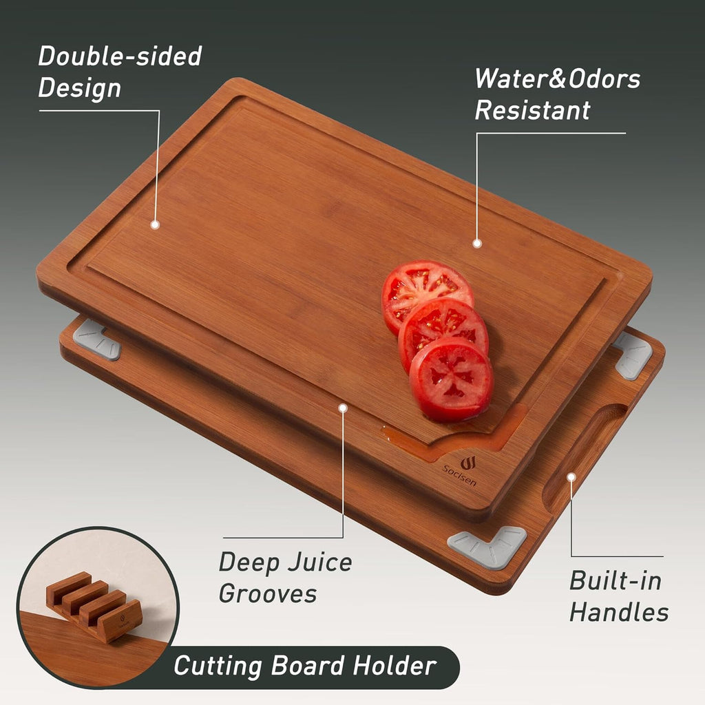 3 Packs Bamboo Cutting Board Set with Non Slip Feet Holder and Over Sink Nice Solid Thick Wood Juice Groove Chopping