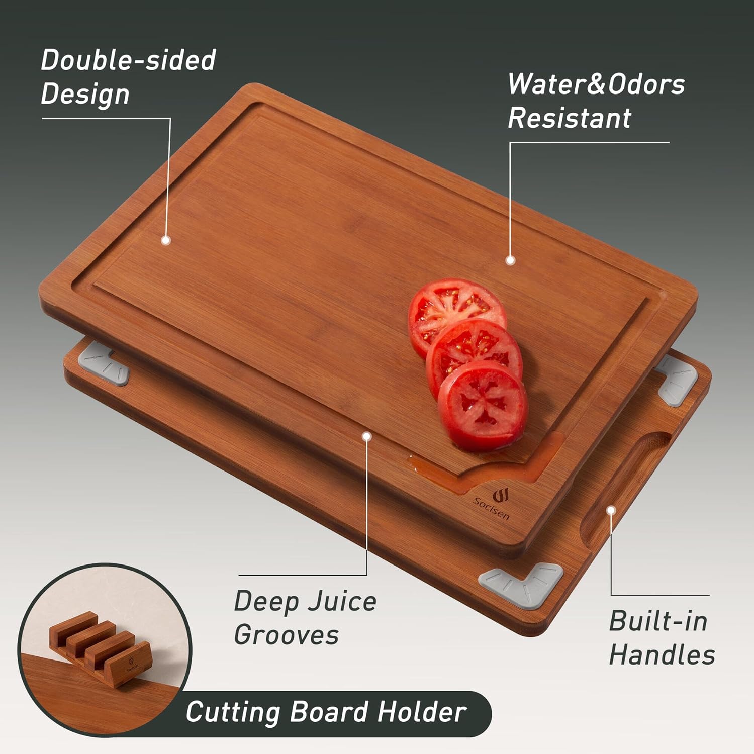 3 Packs Bamboo Cutting Board Set with Non Slip Feet Holder and Over Sink Nice Solid Thick Wood Juice Groove Chopping
