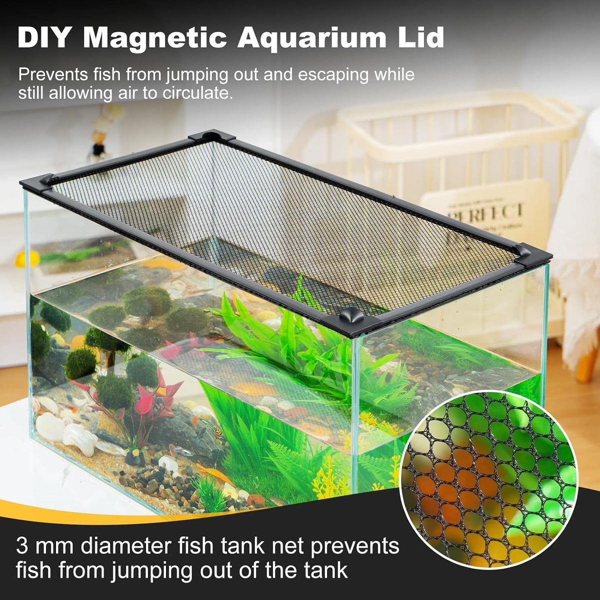 Fish Tank Lid Magnetic Aquarium Lid Tank Hood top Cover Anti-Jumping Net Cover Mesh to Protect Fish Jumping Out of