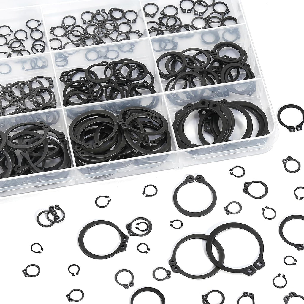 External Shaft Retaining Ring Assortment Kit, Black Carbon Steel Circlips, Multiple Sizes with Storage Case