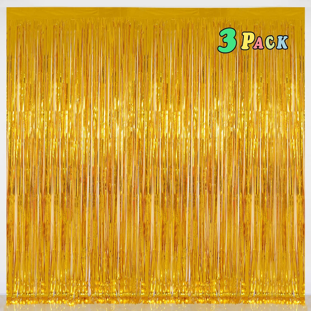 Pure Gold Fringe Curtain Backdrop 3 Pack, 3.2 x 8.2 FT Party Decorations | Graduation Decorations, Birthday Party