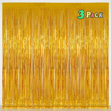 Pure Gold Fringe Curtain Backdrop 3 Pack, 3.2 x 8.2 FT Party Decorations | Graduation Decorations, Birthday Party